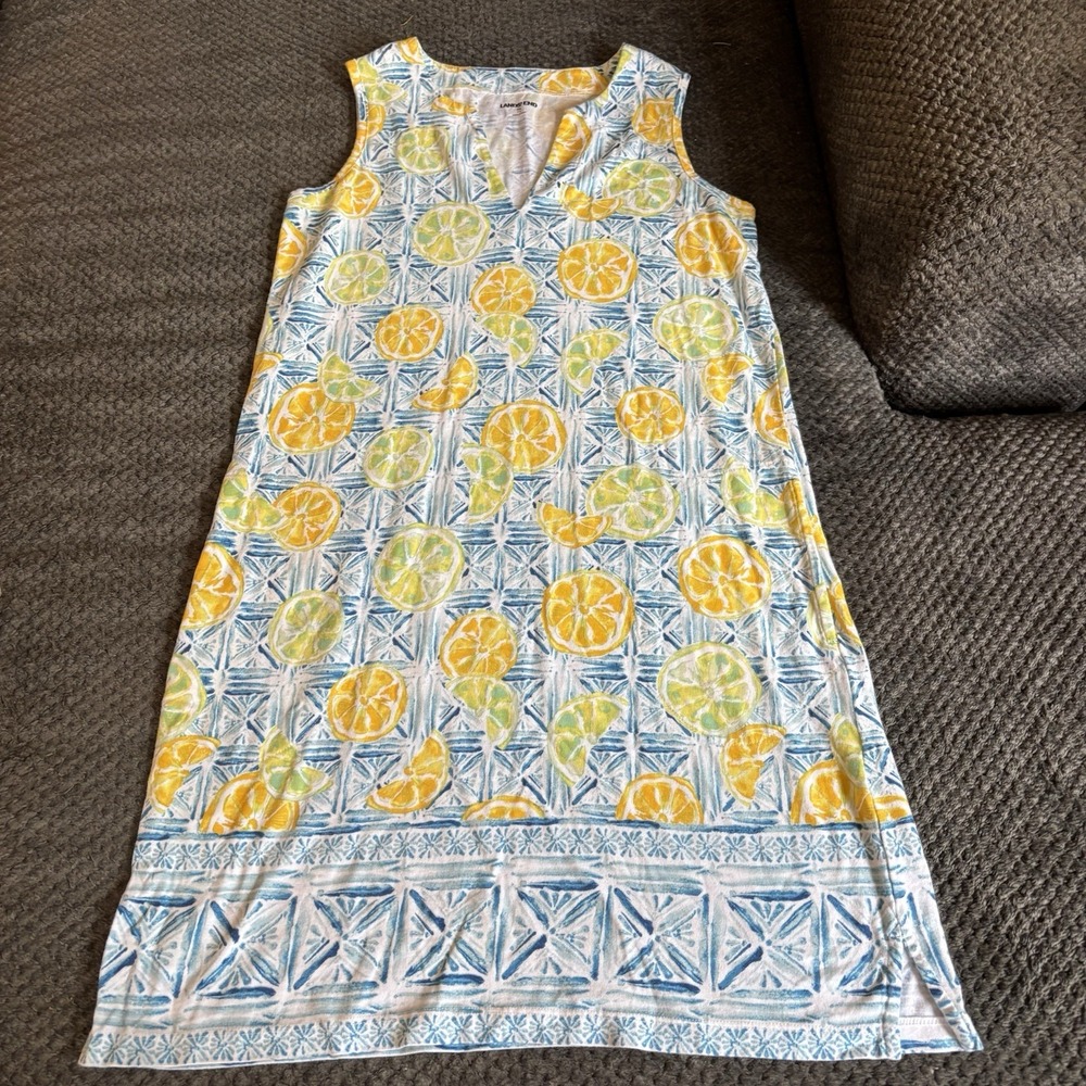 Lands' End‎ Women's Blue & Yellow Lemon Print Sleeveless Cotton Dress Size XS